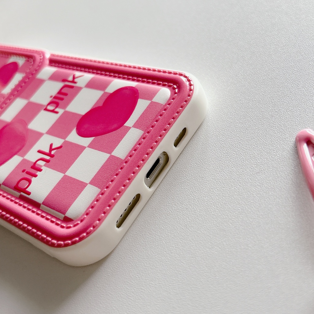 Ốp Điện Thoại Da Viền Silicon Dẻo Màu Hồng Họa Tiết Trái Tim Dễ Thương Chống Sốc Cho iPhone11 12 13 14 Pro Max