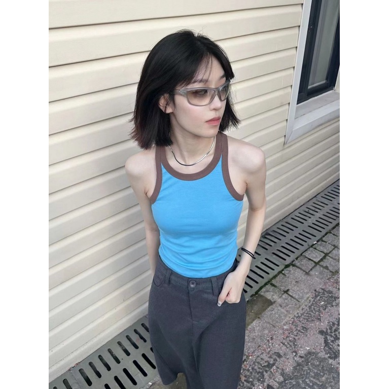 [F &amp; X] Áo Hai Dây Dáng Ôm Màu Sắc Tương Phản Phong Cách Hàn Quốc Thời Trang Mùa Hè