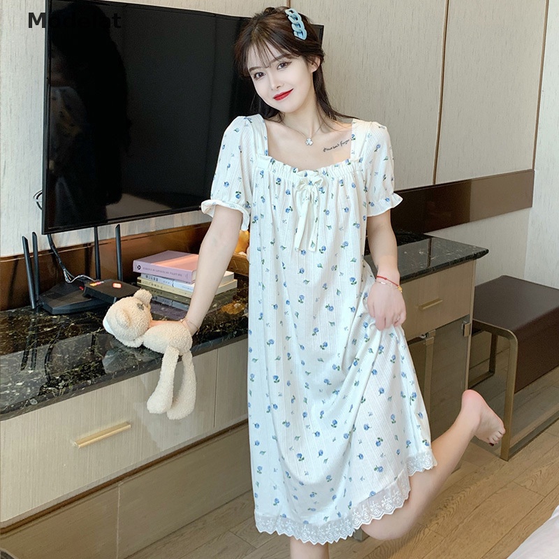 Mfc Đồ ngủ Phối Ren Tay Ngắn In Họa Tiết Hoa Cột Nơ Xinh Xắn Cho Nữ