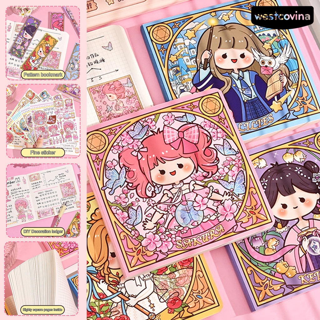 [COD]♪1 Bộ Sổ Tay Kèm Miếng Dán Đánh Dấu Trang Sách Hình Vuông Họa Tiết Hoa Hoạt Hình Nghệ Thuật
