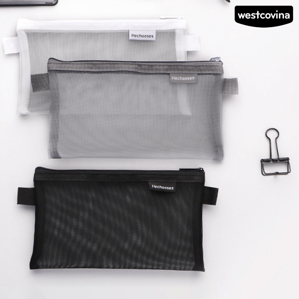 [COD]♪Túi Đựng Bút Bằng Nilon Trong Suốt Trọng Lượng Nhẹ Phối Lưới Có Khóa Kéo Tiện Dụng