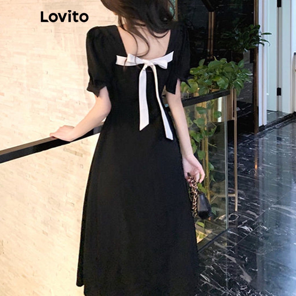 Đầm chữ A Lovito tay phồng phối thắt lưng thanh lịch cho nữ LNE01054 (màu đen)