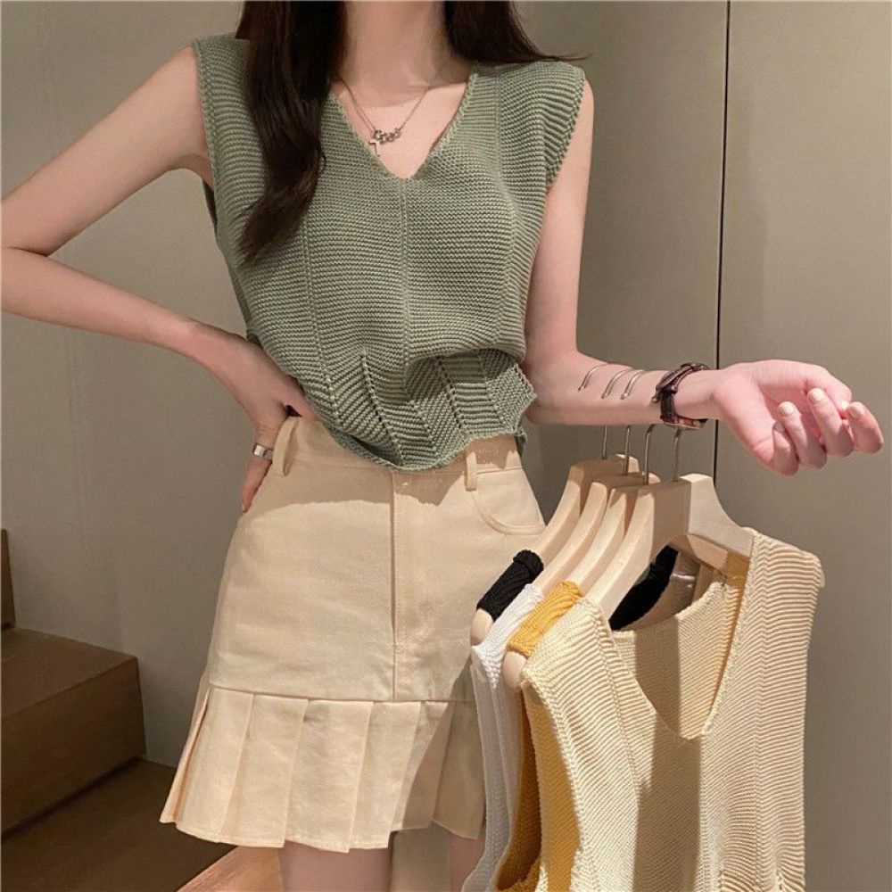 Áo Dệt Kim Sát Nách Dáng Rộng Cổ Chữ V Khoét Sâu Phong Cách Hàn Quốc Thời Trang Mùa Hè Cho Nữ