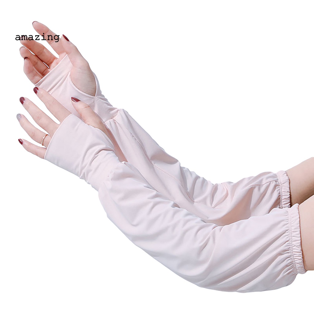 1 Đôi Găng Tay Chống Nắng Bằng Lụa Lạnh Màu Trơn Thiết Kế Lỗ Xỏ Ngón Tay Thời Trang Mùa Hè
