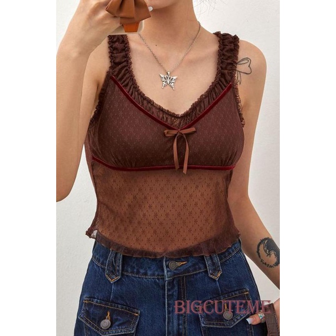 [] Áo Crop Top Lưới Mỏng Không Tay In Hoa Cổ Xẻ Tà Ôm Dáng Vừa Vặn Cho Nữ