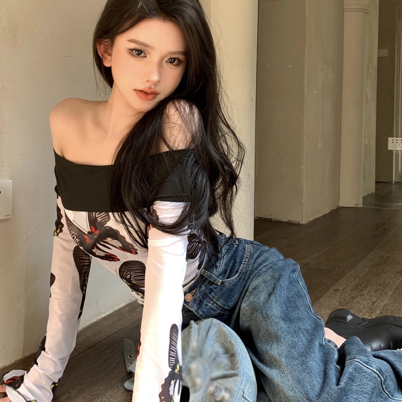 Áo Thun Tay Dài Dáng Ôm Phối Lưới Phong Cách Hàn Quốc Cổ Điển Thời Trang Cho Nữ