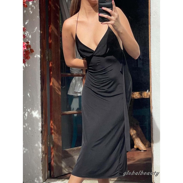 Đầm Midi Hai Dây Cổ Chữ V Hở Lưng Màu Đen Thời Trang Mùa Hè Cho Nữ