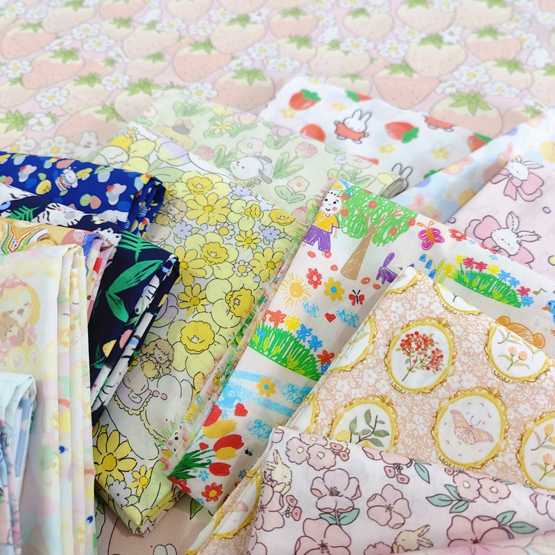 Tấm Vải 100% Cotton Rộng 145cm Họa Tiết Thỏ Vintage