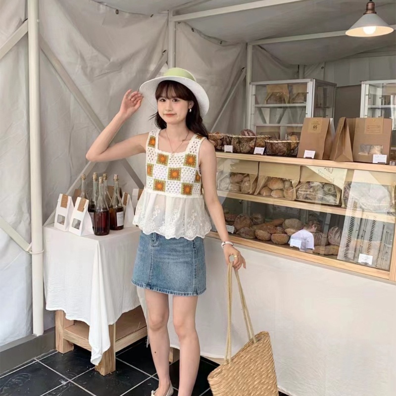 Áo Croptop Len Không Tay Cổ Vuông Thời Trang Mùa Hè Cho Nữ