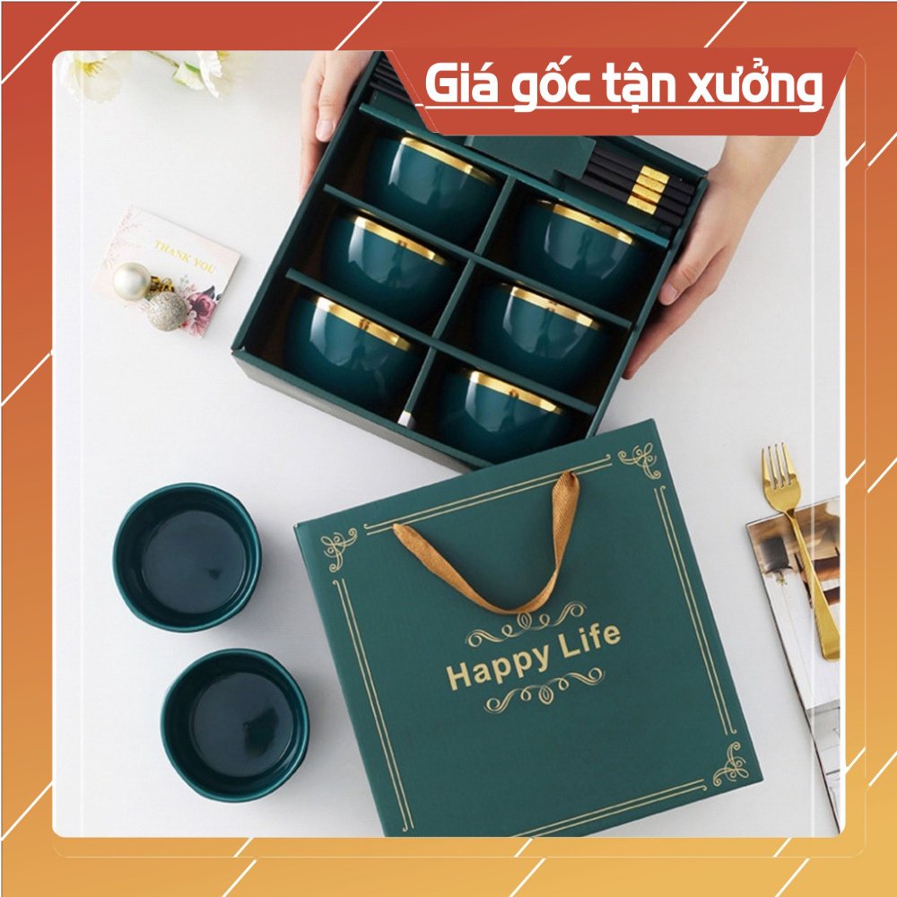 Chén sứ bộ bát ăn cơm đẹp viền vàng Happy Life 6 cái kèm đũa và hộp quà tặng sang trọng màu xanh