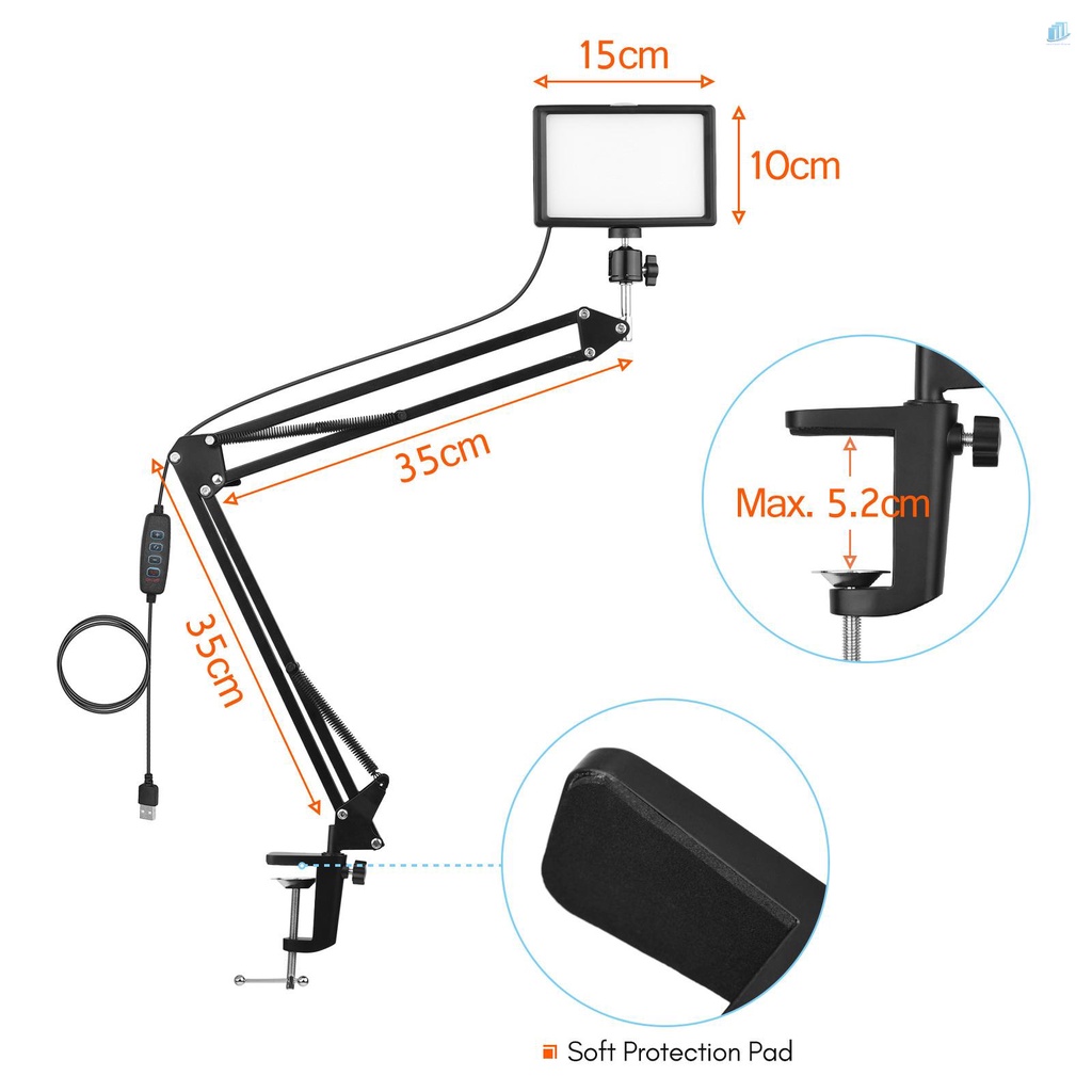 Đèn LED USB Để Bàn 2 * 3200K-5600K + 2 * Giá Đỡ Bằng Kim Loại 2 * 360 Độ Chuyên Dụng° Đầu Bi Xoay + 10 * Colo Có Thể Xoay Được + 10 * Colo