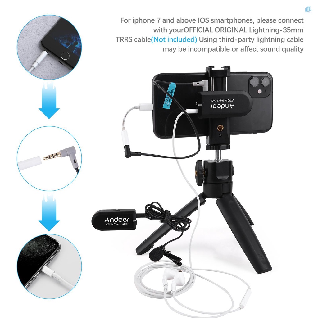 Hệ Thống Micro Không Dây Andoer 2.4G Kèm Bộ Thu Phát + Micro Lavalier Kẹp Để Bàn + Giá Đỡ Điện Thoại 8 Kênh Max.197ft