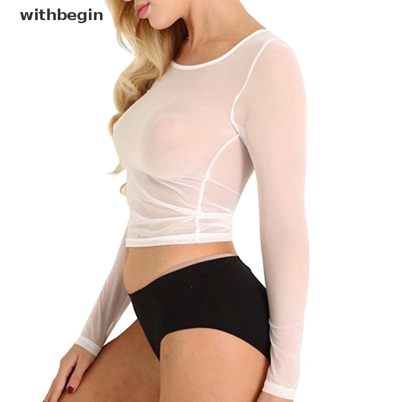 Áo Thun Lưới Tay Dài Cổ Lọ Màu Trắng Đen Xuyên Thấu Quyến Rũ Cho Nữ