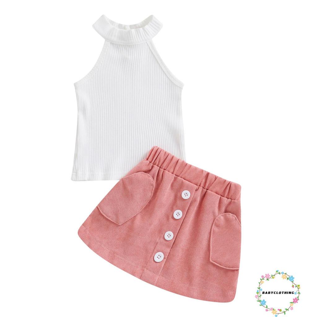 Set Đồ Mùa Xuân 2 Món Gồm Áo Tank Top Không Tay Cổ Yếm + Váy Nhung Có Nút Cho Bé Gái