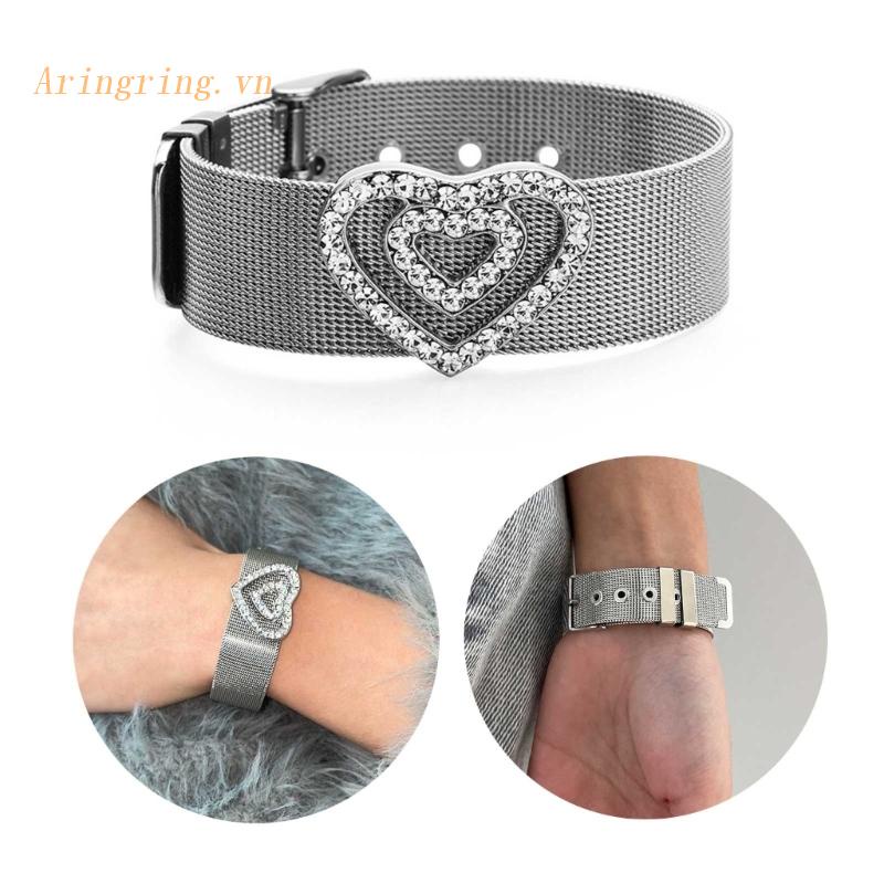 Vòng Tay Dây Bản Rộng Đính Đá Hình Trái Tim Bằng Thép Không Gỉ