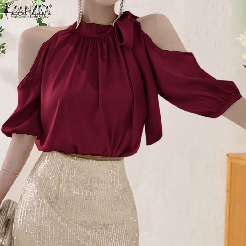 ZANZEA Áo Sơ Mi Tay Lửng Hở Vai Thanh Lịch Dành Cho Nữ