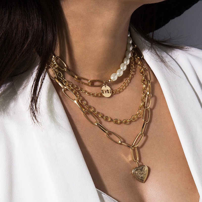 Vòng cổ Nhiều Lớp Đính Ngọc Trai Mặt Trái Tim Phong Cách Gothic