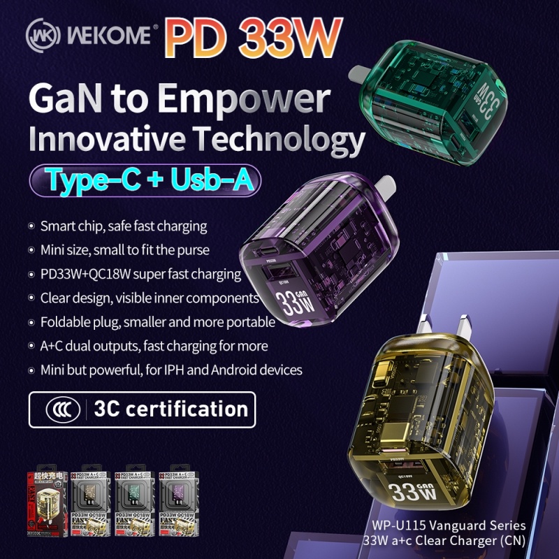 WEKOME GaN Đầu Sạc Nhanh PD 33W Cổng Type C + USB 3,0 Cho Samsung củ sạc for iphone Bộ Sạc Nhanh