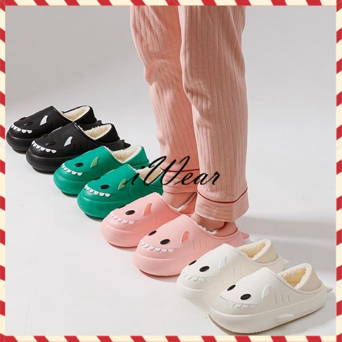 Dép bông cá mập hoạt hình nữ, Dép mùa đông đế dày chống thấm nước, Giày cotton mỉm cười dễ thương