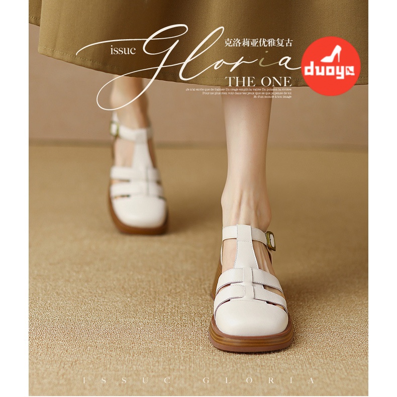 Duoya Giày Sandal Xỏ Ngón Đế Dày Bằng Da Mềm Mũi Vuông Rỗng Phong Cách La Mã Cho Nữ Miễn Phí Vận Chuyển