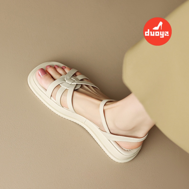 Duoya Giày Sandal Đế Bằng Da Mềm Mại Gót Thấp Màu Tím Dệt Phong Cách Roman Cho Nữ