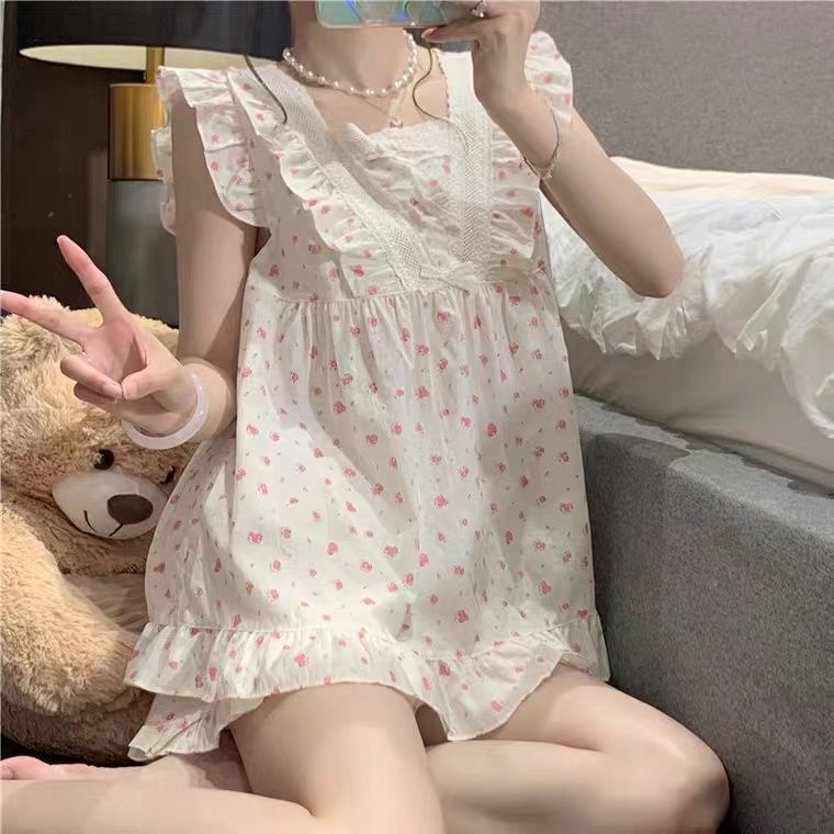 Bộ Đồ Ngủ Áo Không Tay Phối Bèo Lá Sen + Quần Short In Hoa Dễ Thương Thời Trang Mùa Hè Cho Nữ