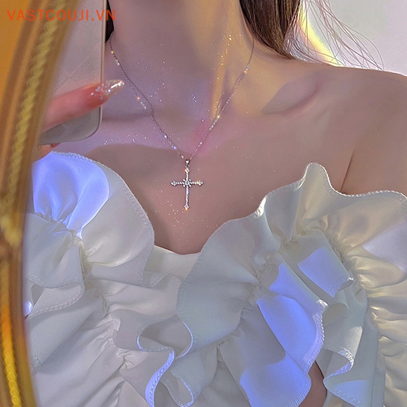 Vòng Cổ Choker Mặt Chữ Thập Đính Đá Zircon Màu Bạc Thời Trang Cho Nữ