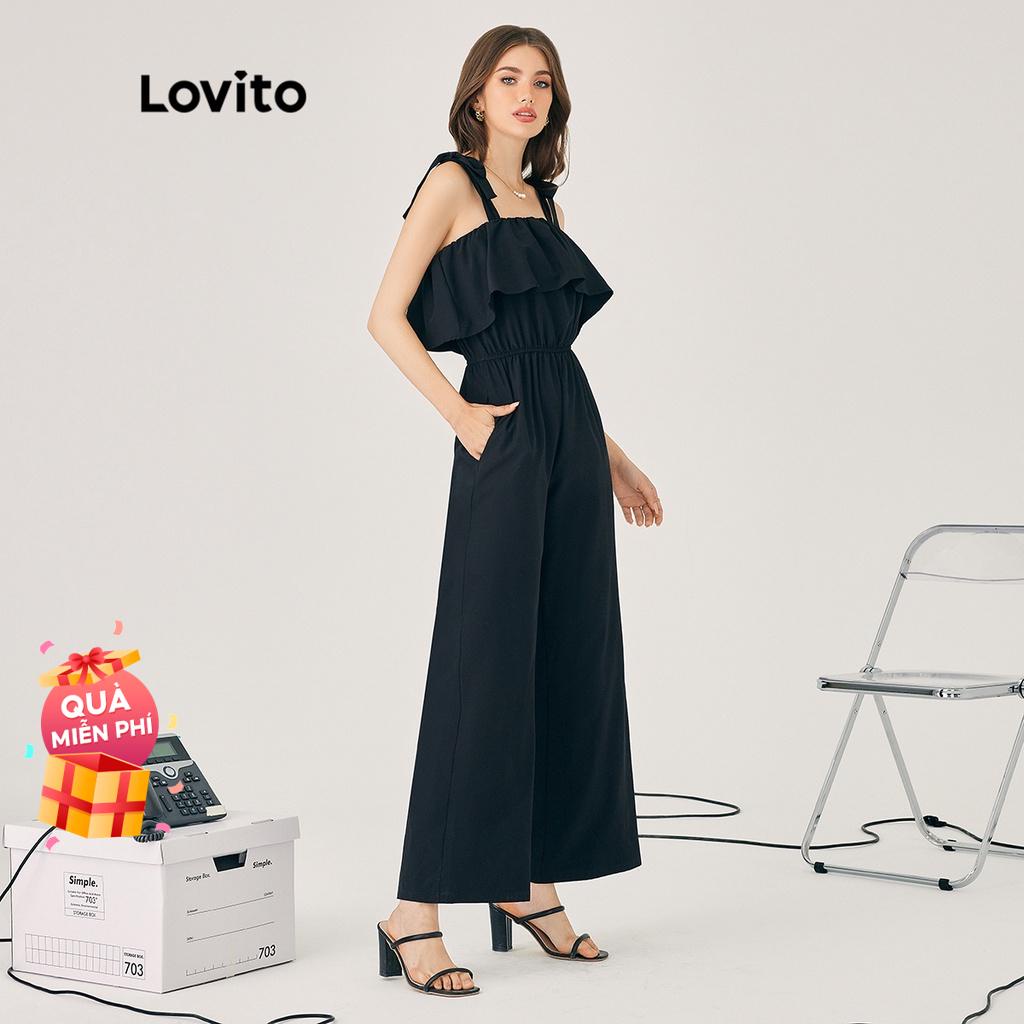 Áo Liền Quần Lovito Trơn Phối Xù L35ED031 (Đen)