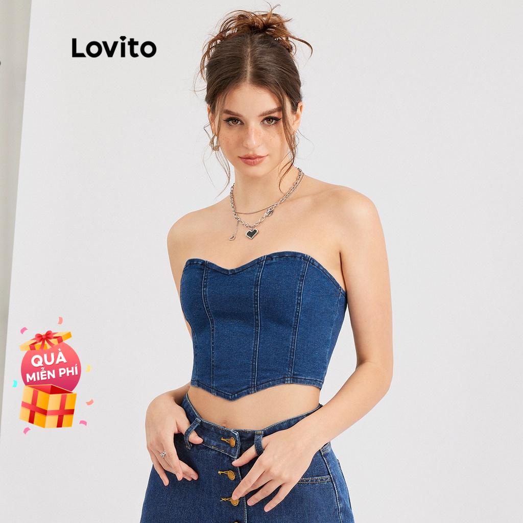 Áo Lovito denim màu trơn kết cấu bền phong cách ngày thường L30ED043 (xanh lam)