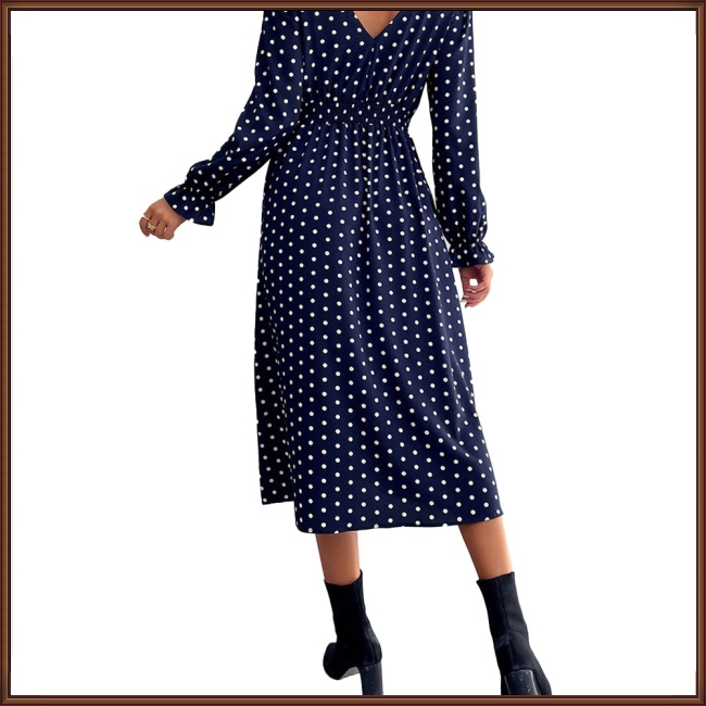 Đầm Dài Tay Lửng Vải Polyester 100% Họa Tiết Chấm Bi Màu Xanh Dương Thời Trang Thu Đông Mới Cho Nữ