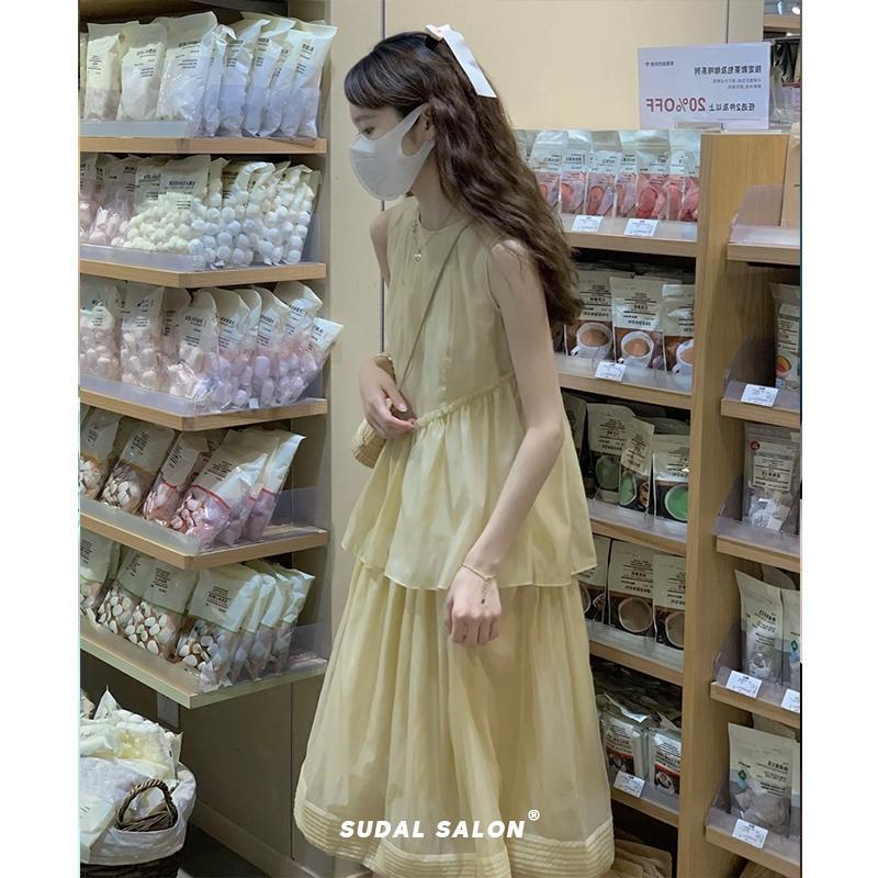 Đầm Sát Nách Màu Vàng Ôm Eo Phong Cách Pháp Đơn Giản