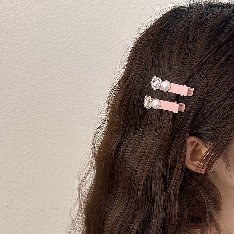 Kẹp Tóc Mỏ Vịt Phẳng Đính Kim Cương &amp; Ngọc Trai Màu Hồng Phong Cách Hàn Quốc Cho Nữ