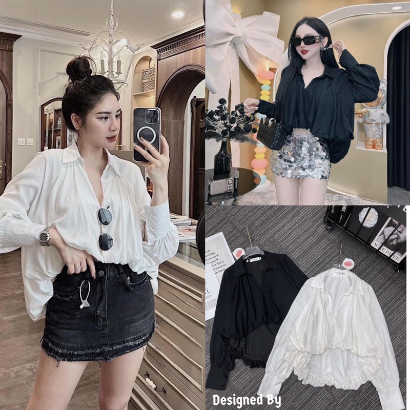 Áo sơ mi nữ đũi lụa trắng trơn dài tay bồng vạt bầu trước ngắn sau dài dáng croptop ADLVB2296