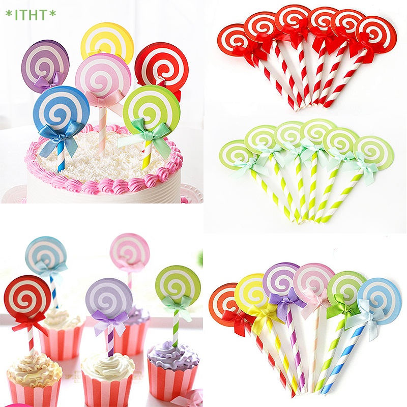 Set 6 Que Cắm Trang Trí Bánh Hình Kẹo Mút Thắt Nơ Xinh Xắn Mới