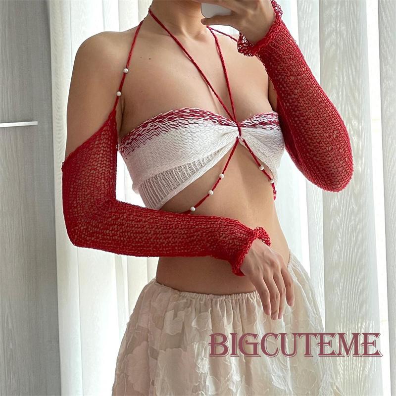 Set Áo Sát Nách Cổ Yếm Đính Hạt + Ống Tay Áo Thời Trang Đường Phố Mùa Hè Cho Nữ