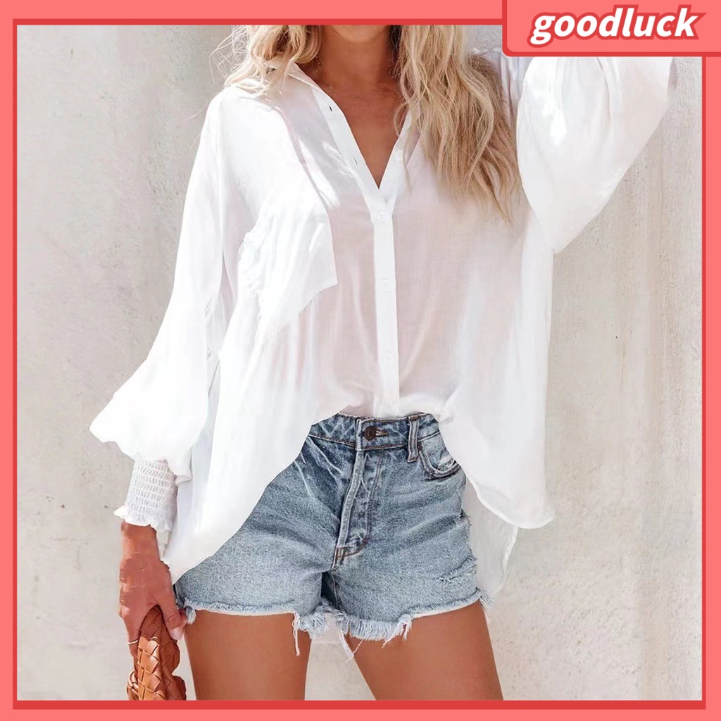 [ULK] Áo Sơ Mi Tay Phồng Màu Trơn Thanh Lịch Ôm Dáng Vừa Vặn Đường Phố Cho Nữ