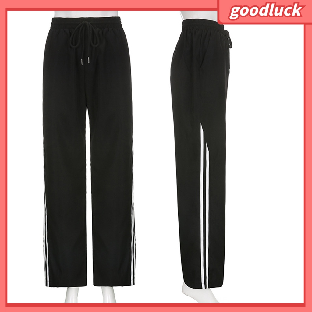 [ULK] Quần Thể Thao Ống Rộng Thẳng Lưng Cao Co Giãn Có Túi Bên Hông Kẻ Sọc Mùa Thu Đông Đường Phố Cho Nữ
