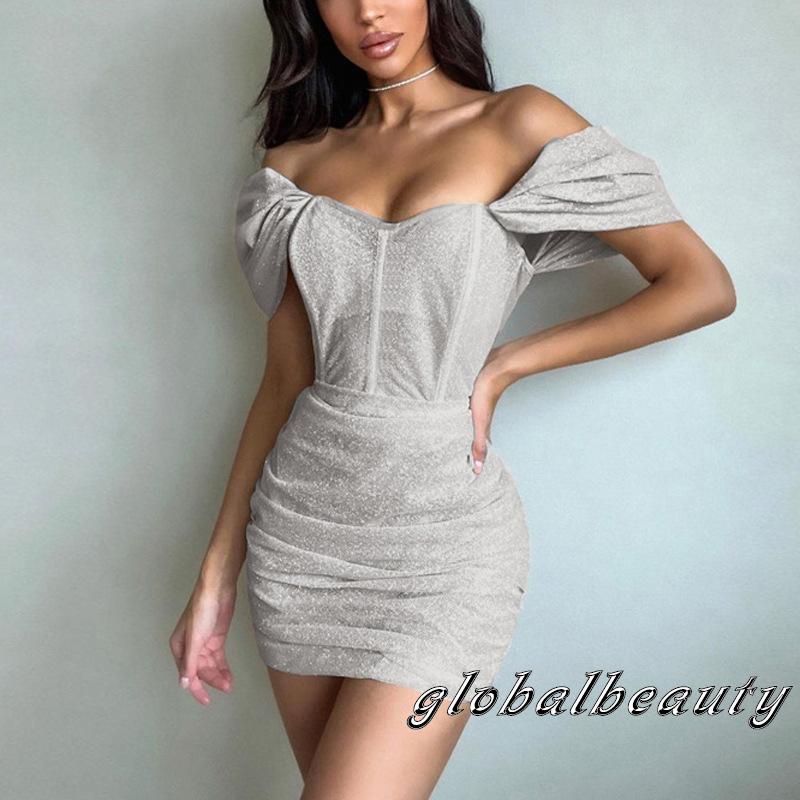 Đầm Midi Tay Ngắn Trễ Vai Eo Cao Màu Bạc / Đen Thời Trang Mùa Hè Cho Nữ