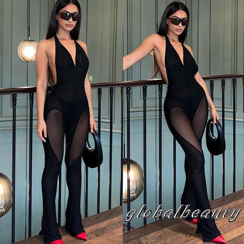 Bộ Áo Liền Quần Hai Dây Phối Lưới Mỏng Màu Trơn Dáng Ôm Thời Trang Mùa Hè Cho Bạn Gái