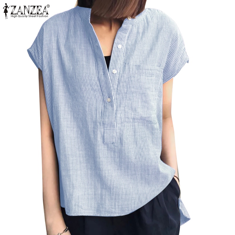 ZANZEA Áo Sơ Mi Cotton Tay Ngắn Họa Tiết Sọc Thời Trang Hàn Quốc Cho Nữ