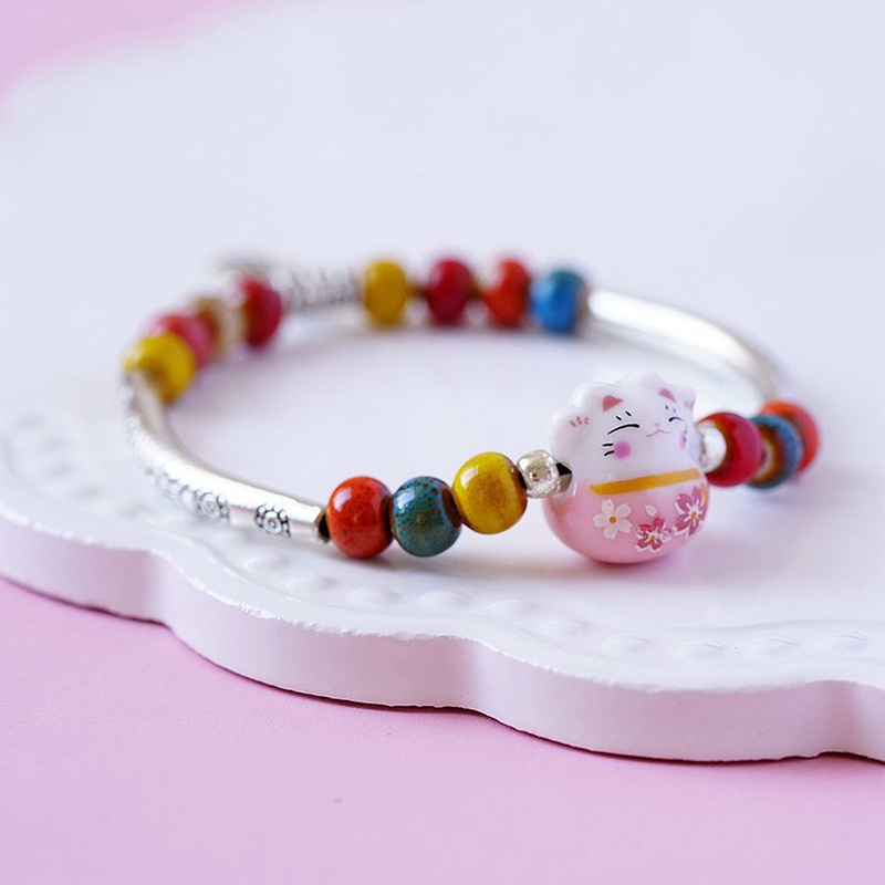 Vòng Tay Chuỗi Hạt Sứ Đỏ May Mắn Hình Chú Mèo May Mắn Dễ Thương