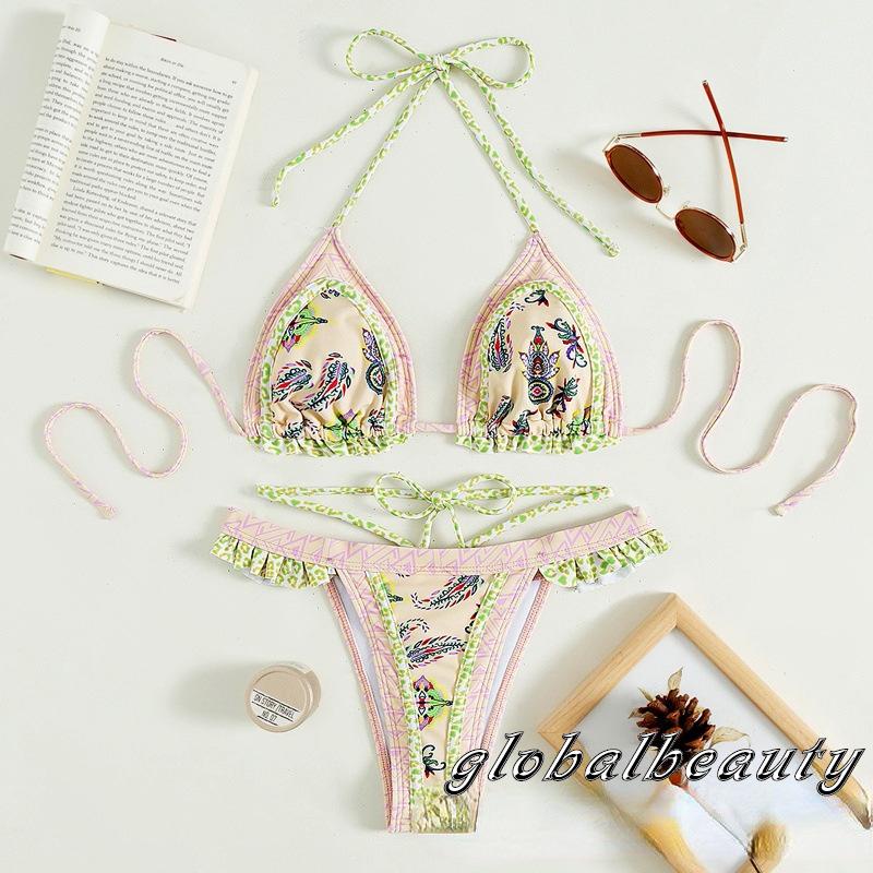 Gb Bộ Bikini Thắt Dây Phong Cách Dân Tộc Với Quần Lót Lưng Thấp Cho Nữ Đi Tắm Mùa Hè