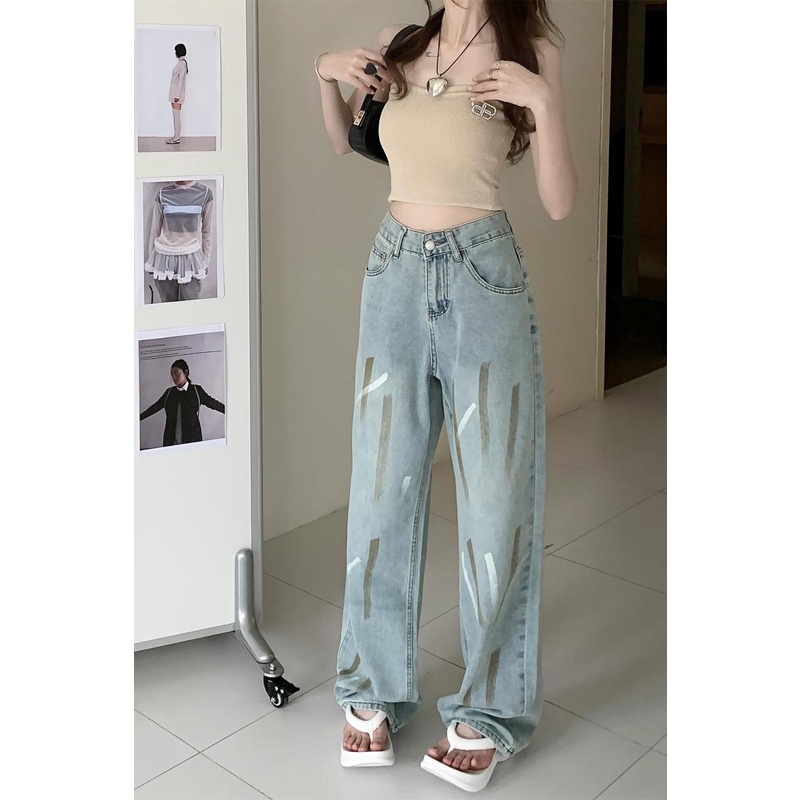 Quần Jean Dài Lưng Cao Dáng Rộng In Họa Tiết Vui Nhộn