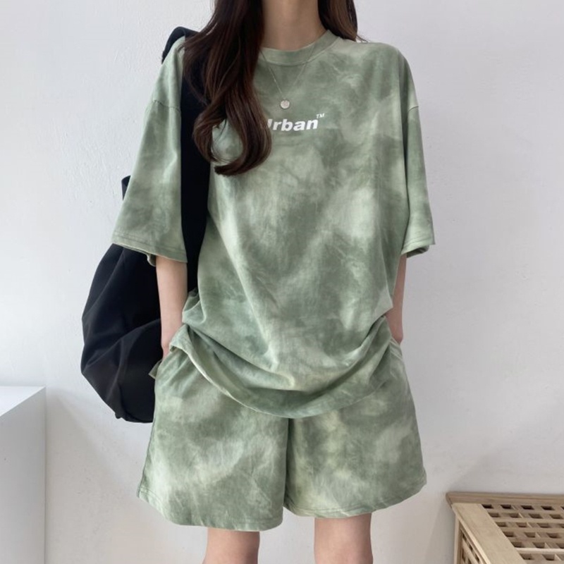 Bộ Áo Thun Ngắn Tay Dáng Rộng + Quần Short Nhuộm Màu Thời Trang Mùa Hè Cho Nữ