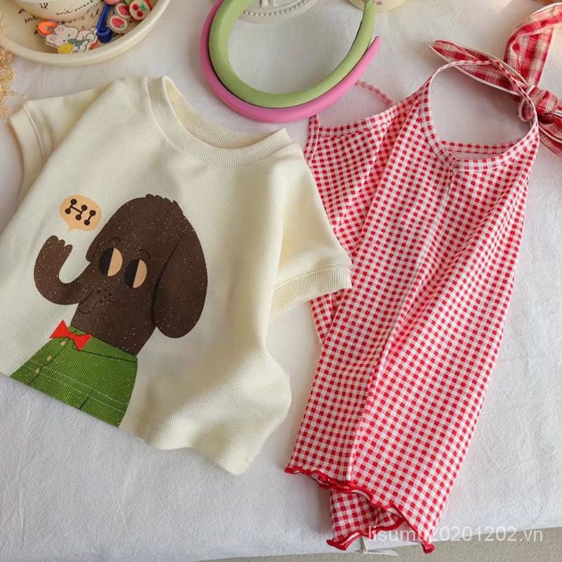 Set Áo Sát Nách + Chân Váy Sọc Caro Xinh Xắn Cho Bé Gái