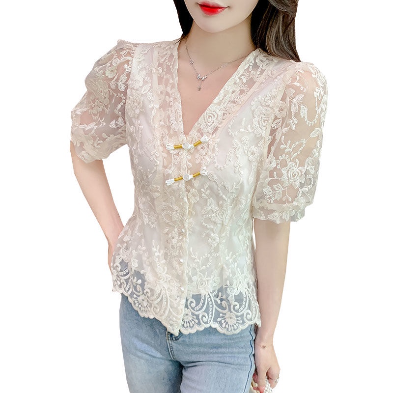 Áo Sơ Mi Ngắn Tay Phối Ren Phong Cách Trung Hoa Thời Trang Mùa Hè Mới 2023