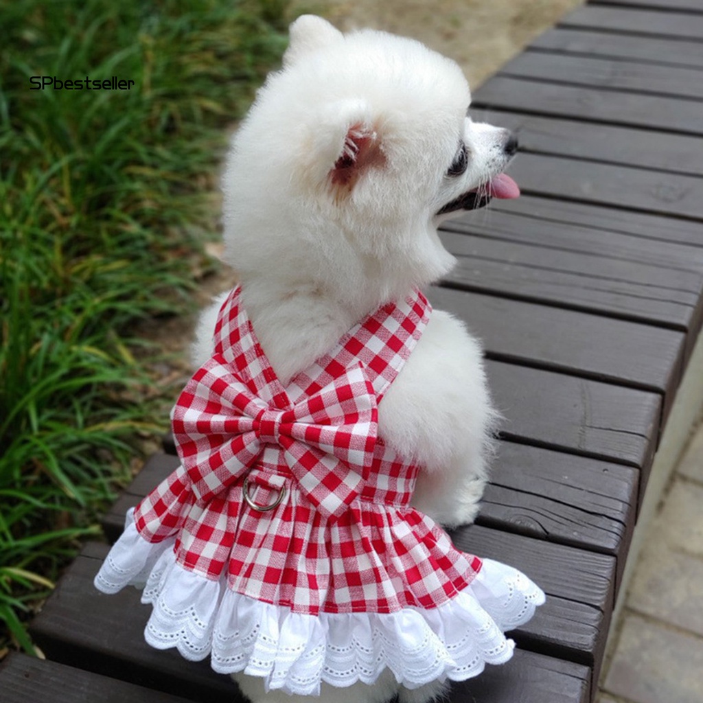 Spbestsellkr Đầm Công Chúa Sát Nách Viền Ren Sọc Caro Đỏ Thời Trang Xuân Hè Cho Thú Cưng