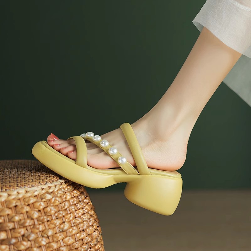 Duoya Tóc Thẳng ~ [Hàng Có Sẵn] Giày Sandal Đế Dày Hở Ngón Bằng Da Mềm Đính Hạt Thời Trang Nữ