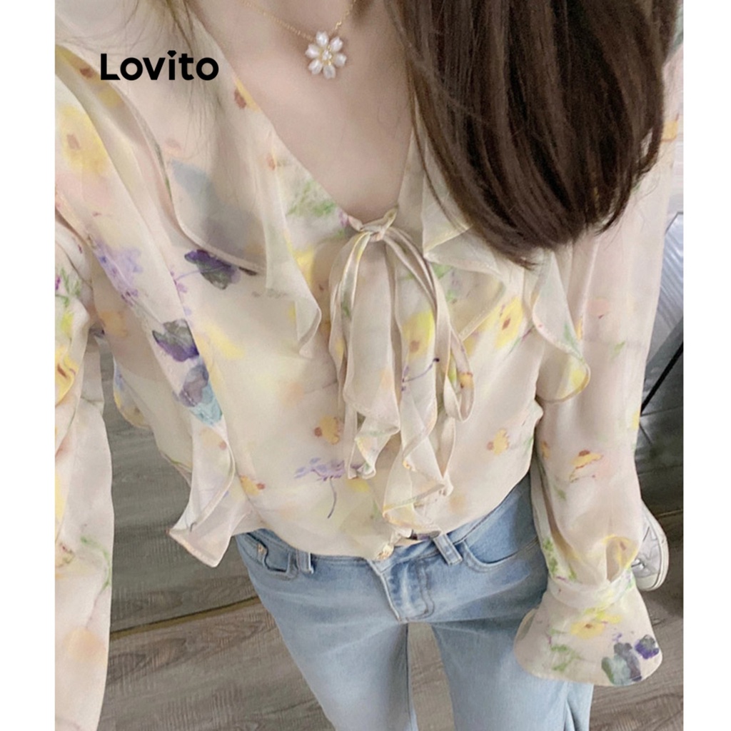 Áo kiểu Lovito tay phồng cổ thắt nơ lai bèo xếp nếp họa tiết hoa thường ngày cho nữ LNA08113 (màu mơ)
