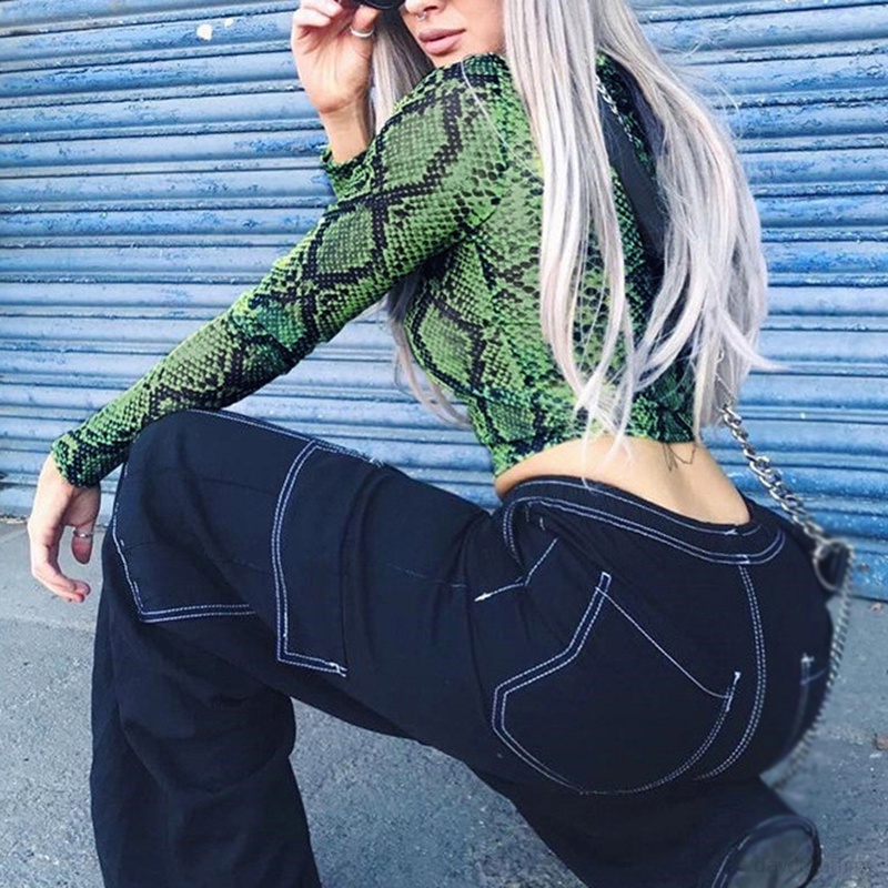 Áo Croptop Tay Dài Dáng Ôm Cổ Cao In Họa Tiết Da Rắn Phong Cách Mỹ Cổ Điển Thời Trang Quyến Rũ Cho Nữ